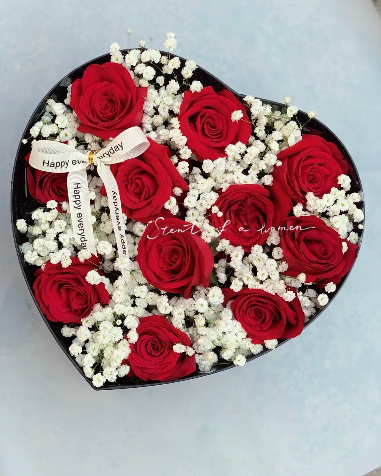 11 Stalks Red Roses With Baby Breath